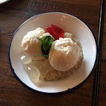 Sla Thai Restaurant - Vanilla ice cream over coconut sticky rice with pieces of agar - Thai Near Me - Montclair, New Jersey