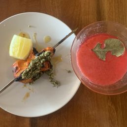 Chicken Skewers and Montana Cocktail