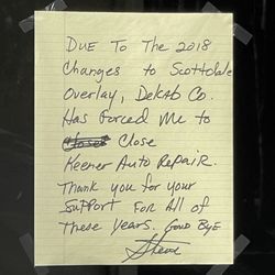 Keener Auto Repair - Sadly, it appears that Keener is no longer in business. This is the note on the front door.
