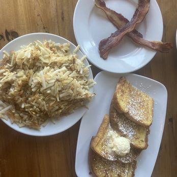Seven Mile Cafe - Caramelized French toast (petite portion) bacon, and hashbrowns. - Breakfast & Brunch Near Me - Denton, Texas Seven Mile Cafe - Caramelized French toast (petite portion) bacon, and hashbrowns. - Breakfast & Brunch Near Me - Denton, Texas