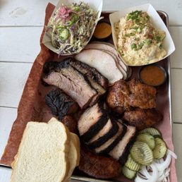 Cole slaw, potato salad, brisket, turkey, chicken, pork belly, sausage Cole slaw, potato salad, brisket, turkey, chicken, pork belly, sausage