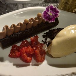 Chocolate cake, banana ice cream