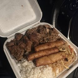 Kujo Eats - Rice, Pancit, Lumpia, with sample of both pork and chicken adobo.
