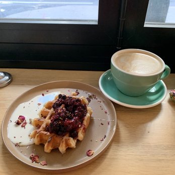 Slate Cafe - Nomad - Rose Berry Waffle Almond milk latte - Coffee & Tea Near Me - New York, New York Slate Cafe - Nomad - Rose Berry Waffle Almond milk latte - Coffee & Tea Near Me - New York, New York