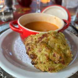 The Laurel Tree - Tomato basil soup and pesto muffin