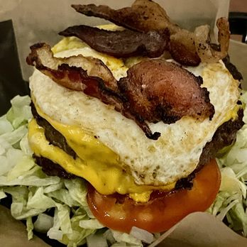 Cassidy's Grill - The Big Weezy ATW with 2 Patties, 2 Slices American Cheese, Bacon and a Fried Egg and no bun on a bed of lettuce. - Food Trucks Near Me - Killeen, Texas Cassidy's Grill - The Big Weezy ATW with 2 Patties, 2 Slices American Cheese, Bacon and a Fried Egg and no bun on a bed of lettuce. - Food Trucks Near Me - Killeen, Texas