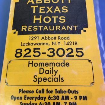Abbott Texas Red Hots - Front mebu - Hot Dogs Near Me - Buffalo, New York