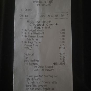 STK Steakhouse - 2026-1 Receipt - Steakhouses Near Me - Orlando, Florida