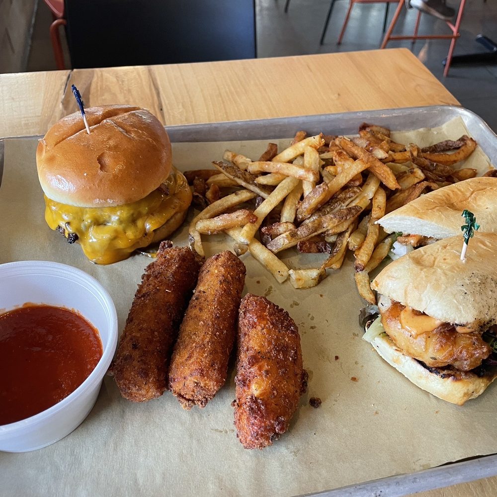 Upland Brewing Co. Bloomington Brewpub - Double cheeseburger, shrimp Po'Boy Mozzarella logs (fantastic) - Brewpubs Near Me - Bloomington, Indiana Upland Brewing Co. Bloomington Brewpub - Double cheeseburger, shrimp Po'Boy Mozzarella logs (fantastic) - Brewpubs Near Me - Bloomington, Indiana