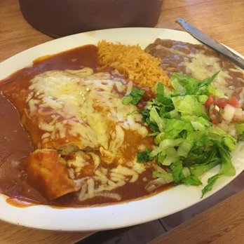 Maya's Cafe - Vegetable enchiladas (with red sauce) rice and beans. - Latin American Near Me - San Jose, California