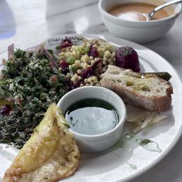 Delicious plate from the salad bar and lobster bisque soup