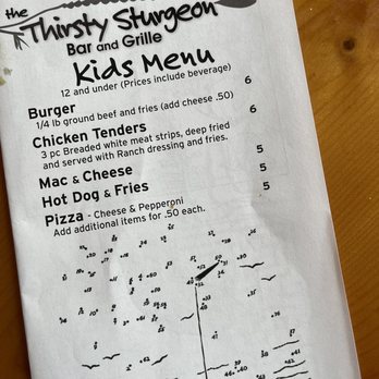 The Thirsty Sturgeon - Kids menu for great prices (children 12 and under) prices include beverage. Comes with crayons. - Bars Near Me - Wolverine, Michigan