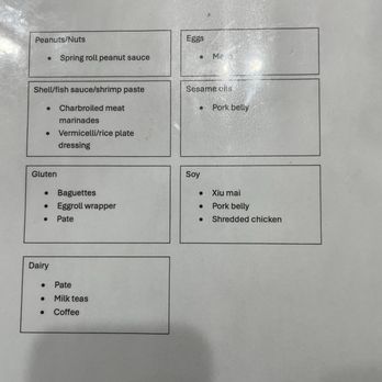 Banh Mi Amour - Allergens list - hope this is useful for those w food allergies - Vietnamese Near Me - Visalia, California Banh Mi Amour - Allergens list - hope this is useful for those w food allergies - Vietnamese Near Me - Visalia, California