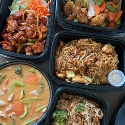 Mai Asian Restaurant - Top left: korean spicy chicken Top right: kung pao shrimp Bottom left: red curry Middle right: pad thai Bottom right: pad see ew