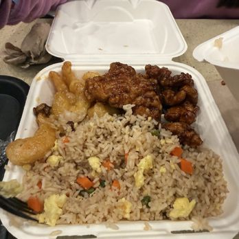 Panda Express - plate with fried rice , shrimp and orange chicken - Chinese Near Me - Medford, Oregon