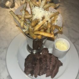 Steak Frites and Truffle Fries with Bernaise and Peppercorn sauce