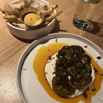 Shaker + Spear - Turmeric Tarragon Cauliflower Steak and Truffle Parm Fries - Seafood Near Me - Seattle, Washington Shaker + Spear - Turmeric Tarragon Cauliflower Steak and Truffle Parm Fries - Seafood Near Me - Seattle, Washington