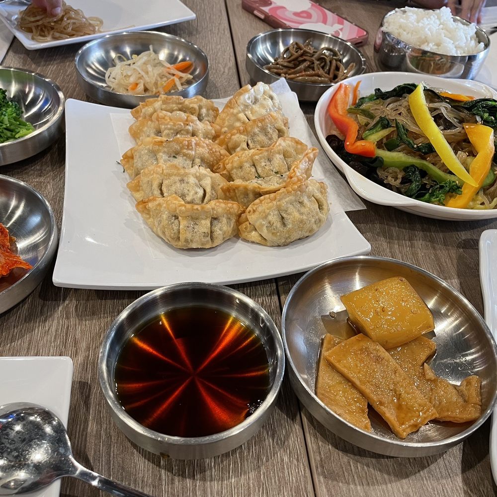 Gyoza, Japchae, banchan Gyoza, Japchae, banchan