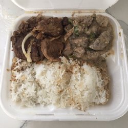Something Sweet 4 U - 2-item combo box ($8.50 incl tax), "pork steak" (L) (soy-based braised pork), Bicol express (R) (pork in mildly spicy coconut stew)