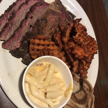 Bite Me BBQ - Brisket platter with sweet potato waffle fries and Mac and cheese as sides with rye bread - Barbeque Near Me - Wichita, Kansas