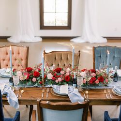 The Velvet Willow - Velvet chairs, brass candlesticks, blue and white vases, bold flower designs and powder blue runners make up this magical event table!