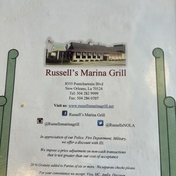 Russell's Marina Grill - Menu - Breakfast & Brunch Near Me - New Orleans, Louisiana Russell's Marina Grill - Menu - Breakfast & Brunch Near Me - New Orleans, Louisiana