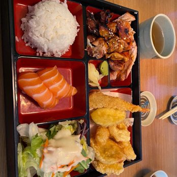 Mioki Sushi - Teriyaki chicken bento with tempura and salmon nigiri - Sushi Bars Near Me - Fremont, California Mioki Sushi - Teriyaki chicken bento with tempura and salmon nigiri - Sushi Bars Near Me - Fremont, California