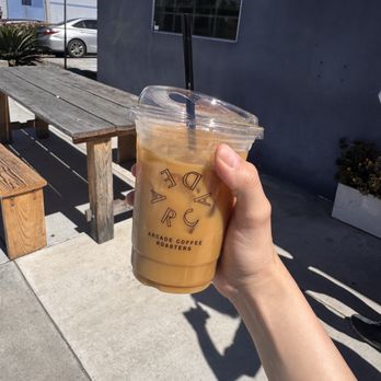 Arcade Coffee Roasters - exterior + draft latte - Coffee & Tea Near Me - Riverside, California