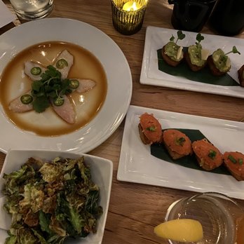 Taisho - Yellowtail sashimi (top left), Avocado crispy rice (top right), spicy tuna crispy rice (bottom right), brussel sprouts (bottom left) - Sushi Bars Near Me - Sherman Oaks, California
