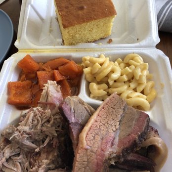 Coop's West Texas BBQ - Large Plate-Beef Brisket and Pulled Pork with Candied Yams (only on Sunday) and Mac & Cheese and Corn Bread. - Barbeque Near Me - Lemon Grove, California