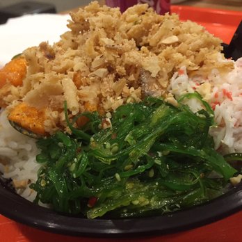 All About Poke - White rice, crab, seaweed salad, salmon, tuna, albacore, cucumber, corn, masago, spicy mayo, crispy onions, & chopped nuts. - Seafood Near Me - Burbank, California All About Poke - White rice, crab, seaweed salad, salmon, tuna, albacore, cucumber, corn, masago, spicy mayo, crispy onions, & chopped nuts. - Seafood Near Me - Burbank, California