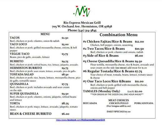 Menu photo 1 Rio Express Mexican Grill Hermiston, OR Menu photo 1 Rio Express Mexican Grill Hermiston, OR