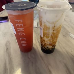 Left: strawberry overload Right: caramel brûlée dirty boba Left: strawberry overload Right: caramel brûlée dirty boba
