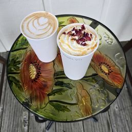 Dirty Chai Latte on the left, Bumblebee Latte on the right. Dirty Chai Latte on the left, Bumblebee Latte on the right.