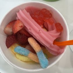 Orange Leaf Frozen Yogurt - Watermelon, pineapple with boba, strawberries and gummy worms!