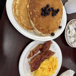 Kelly's Family Diner - Blueberry pancakes with scrambled eggs and bacon.