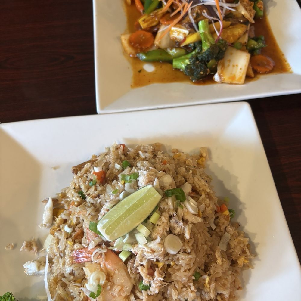 Pho Delight Thai Restaurant - Red curry eggplant (top) and knock-your-socks-off crabmeat fried rice - Thai Near Me - Willimantic, Connecticut Pho Delight Thai Restaurant - Red curry eggplant (top) and knock-your-socks-off crabmeat fried rice - Thai Near Me - Willimantic, Connecticut