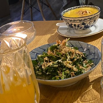 Palme - Sweet potato soup, green papaya water cress salad - Cajun/Creole Near Me - Montreal, Quebec Palme - Sweet potato soup, green papaya water cress salad - Cajun/Creole Near Me - Montreal, Quebec