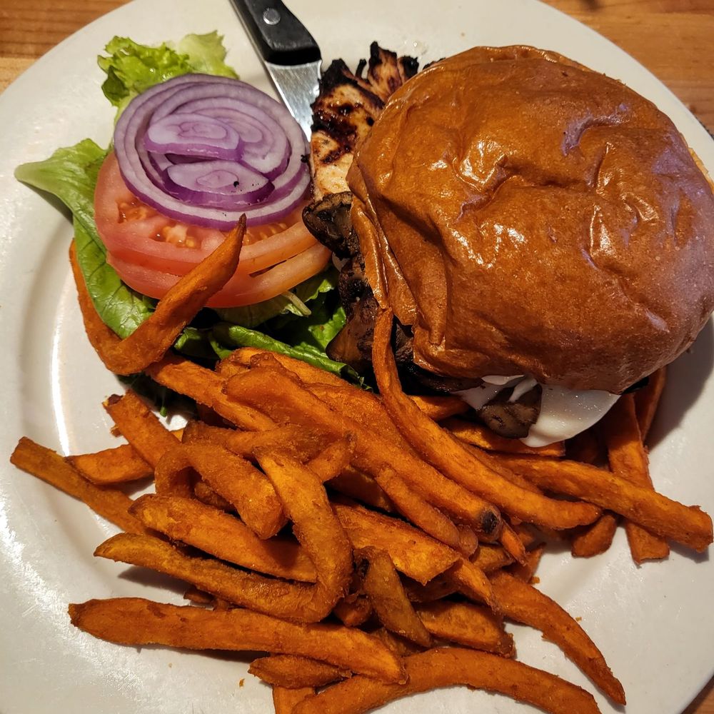 Hill Street Cafe - Mushroom & swiss chicken sandwich with sweet potato fries - Breakfast & Brunch Near Me - La Canada Flintridge, California Hill Street Cafe - Mushroom & swiss chicken sandwich with sweet potato fries - Breakfast & Brunch Near Me - La Canada Flintridge, California