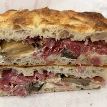 All'Antico Vinaio - LA FAVOLOSA Salame Toscano, Pecorino Cream, Artichoke Cream, Spicy Eggplant - Italian Near Me - New York, New York All'Antico Vinaio - LA FAVOLOSA Salame Toscano, Pecorino Cream, Artichoke Cream, Spicy Eggplant - Italian Near Me - New York, New York