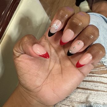VS Beauty Studio - French tip, two colors with stickers and gems. - Nail Salons Near Me - las vegas, Nevada VS Beauty Studio - French tip, two colors with stickers and gems. - Nail Salons Near Me - las vegas, Nevada