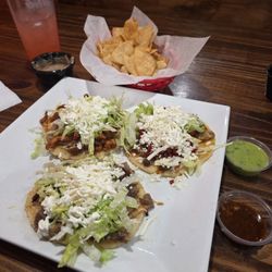 Taqueria Rosita's - 3 Sopes (lengua, champechanos, pastor) and fresa (strawberry) agua fresca.