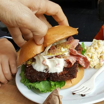 The Butchers Son - Their knock-out realistic burger replete with marbled mock bacon that made us so nervous thinking it was real - Salad Near Me - Berkeley, California The Butchers Son - Their knock-out realistic burger replete with marbled mock bacon that made us so nervous thinking it was real - Salad Near Me - Berkeley, California