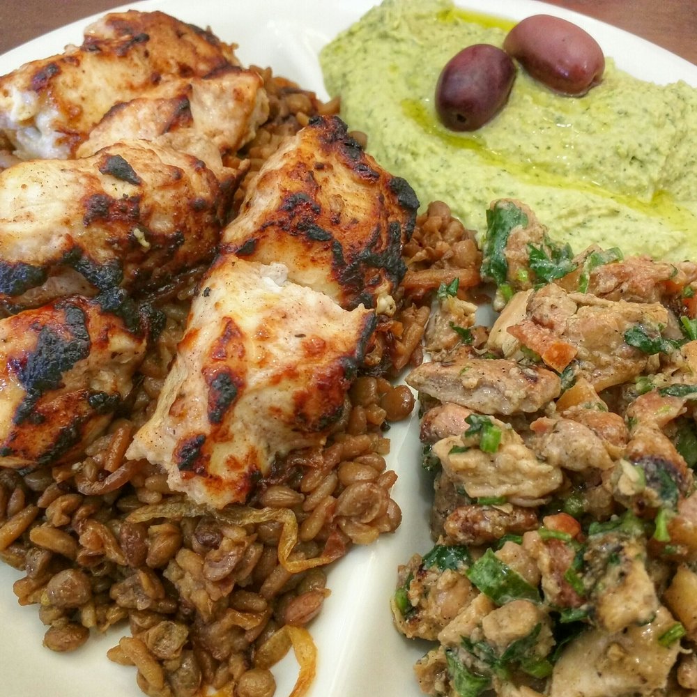 Sassool - Large chicken kabob platter with lentil rice, Mediterranean chicken, & cilantro jalapeño hummus - Mediterranean Near Me - Cary, North Carolina Sassool - Large chicken kabob platter with lentil rice, Mediterranean chicken, & cilantro jalapeño hummus - Mediterranean Near Me - Cary, North Carolina