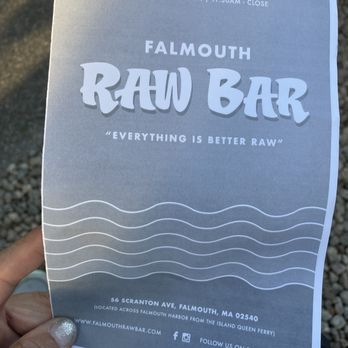 Falmouth Raw Bar - Cover of the paper menu. I like having a paper menu; great for those days when you are undecided what you want to eat - Seafood Near Me - Falmouth, Massachusetts Falmouth Raw Bar - Cover of the paper menu. I like having a paper menu; great for those days when you are undecided what you want to eat - Seafood Near Me - Falmouth, Massachusetts