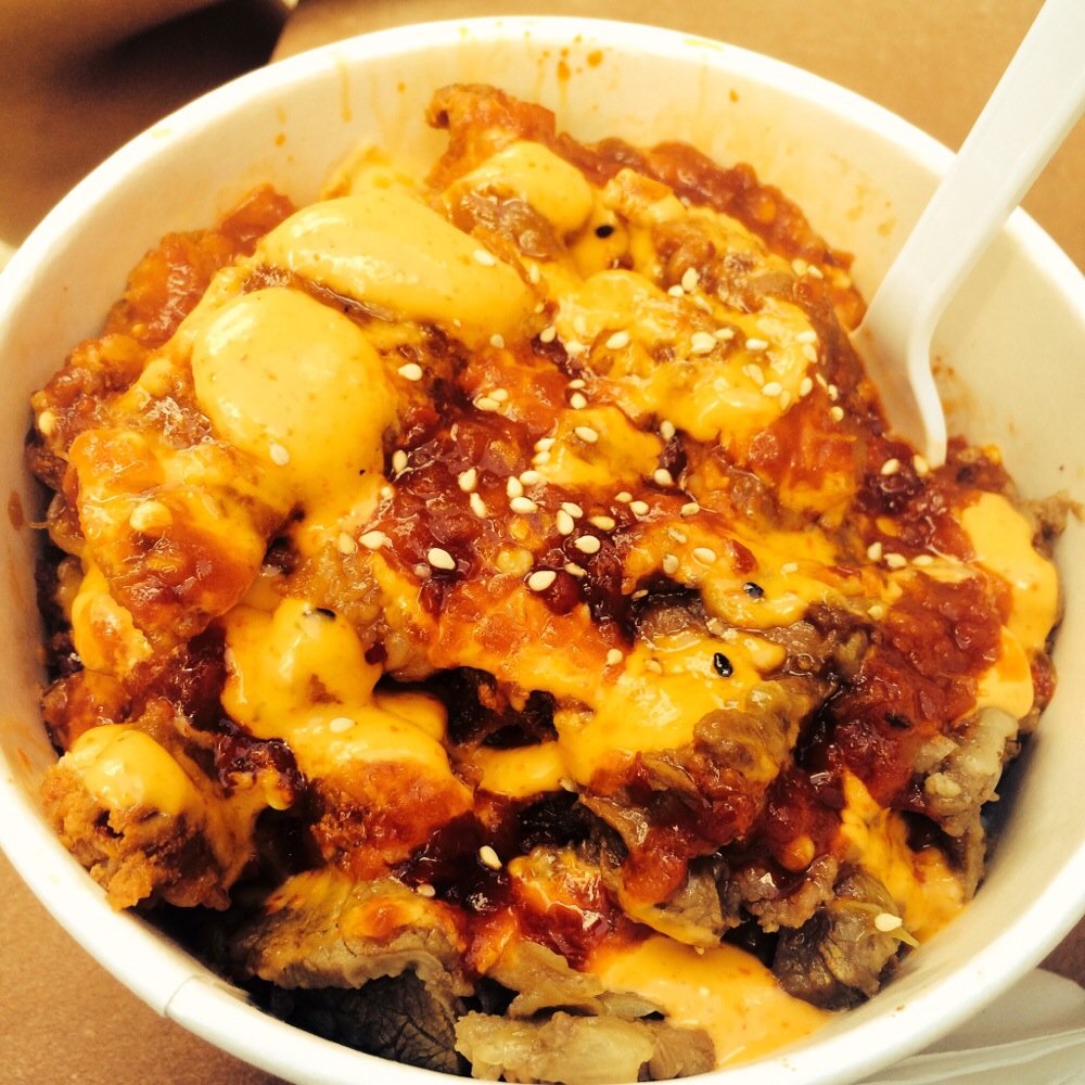 Cupbop - Combo bowl w/extra meat and level 7.5 spicy (this is w/out the noodle though..they ran out and added on extra pork and beef) - Food Trucks Near Me - Provo, Utah