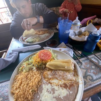 Mi Mexico - Enchilada with tamale and chalupa ... yummmm. My husband is eating pastor tacos. Even more yummmm!!! - Mexican Near Me - Buffalo Grove, Illinois