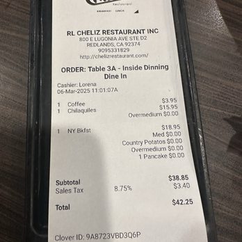 Cheliz - Receipt - Diners Near Me - Redlands, California