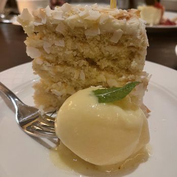 Harry's - Coconut Cake with passion fruit sorbet - Seafood Near Me - West Palm Beach, Florida Harry's - Coconut Cake with passion fruit sorbet - Seafood Near Me - West Palm Beach, Florida
