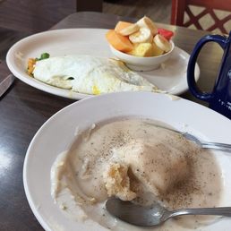 Gravy and biscuits, spinach and cheese egg white (low cholesterol) omelet with coffee and fruit side